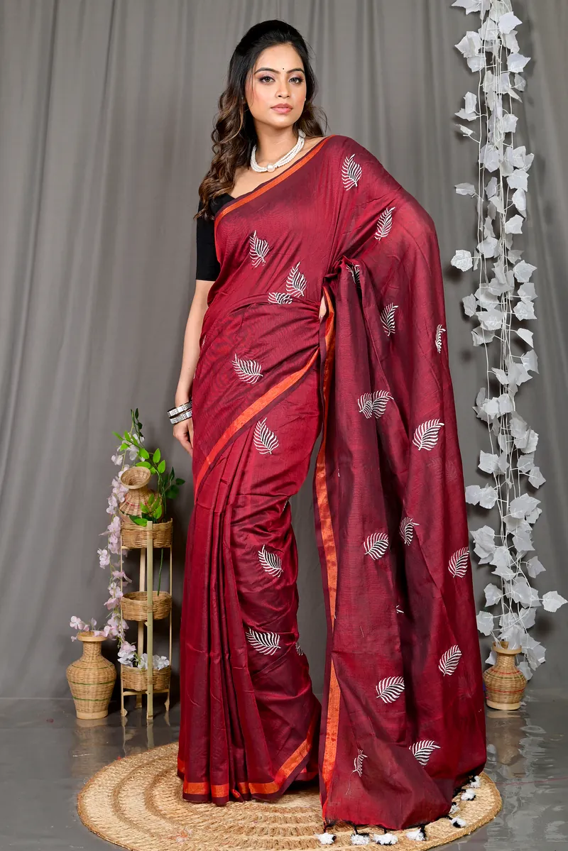 Maroon Cotton Blended Parin Hand Loom Saree (334)