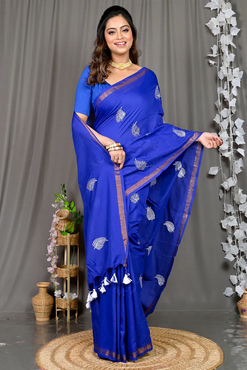 Blue Cotton Blended Parin Hand Loom Saree (336)
