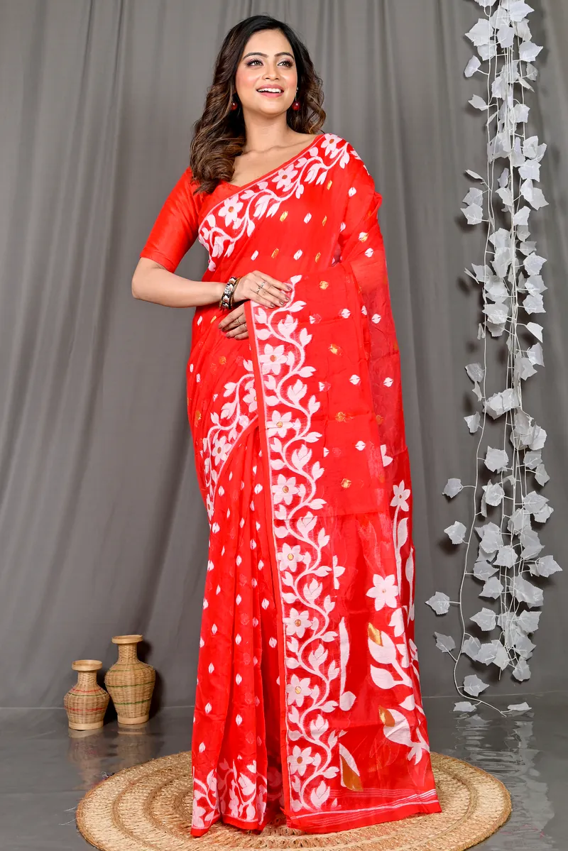 Red Cotton Blended Parinit Jamdani Saree (339)