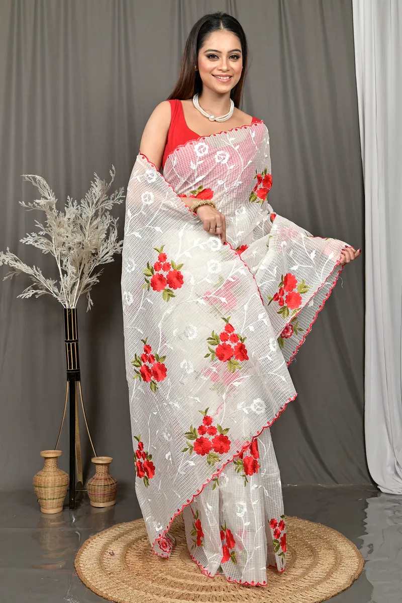 White Cotton Kotambo Mix Kota Embroidery Saree  (34)