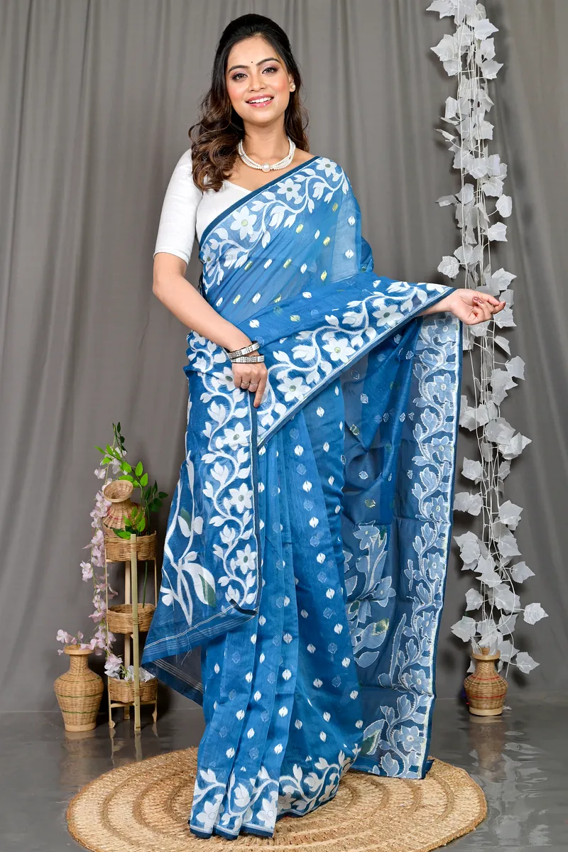 Blue Cotton Blended Parinit Jamdani Saree (341)