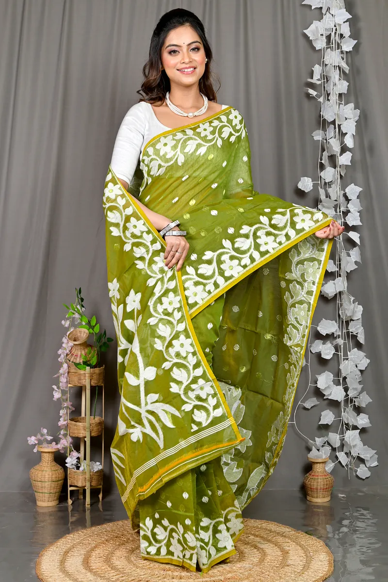 Dark Green Cotton Blended Parinit Jamdani Saree (343)