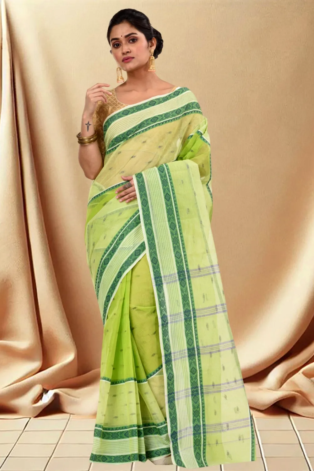 Olive Green Pure Cotton Debdash Tant Saree (345)
