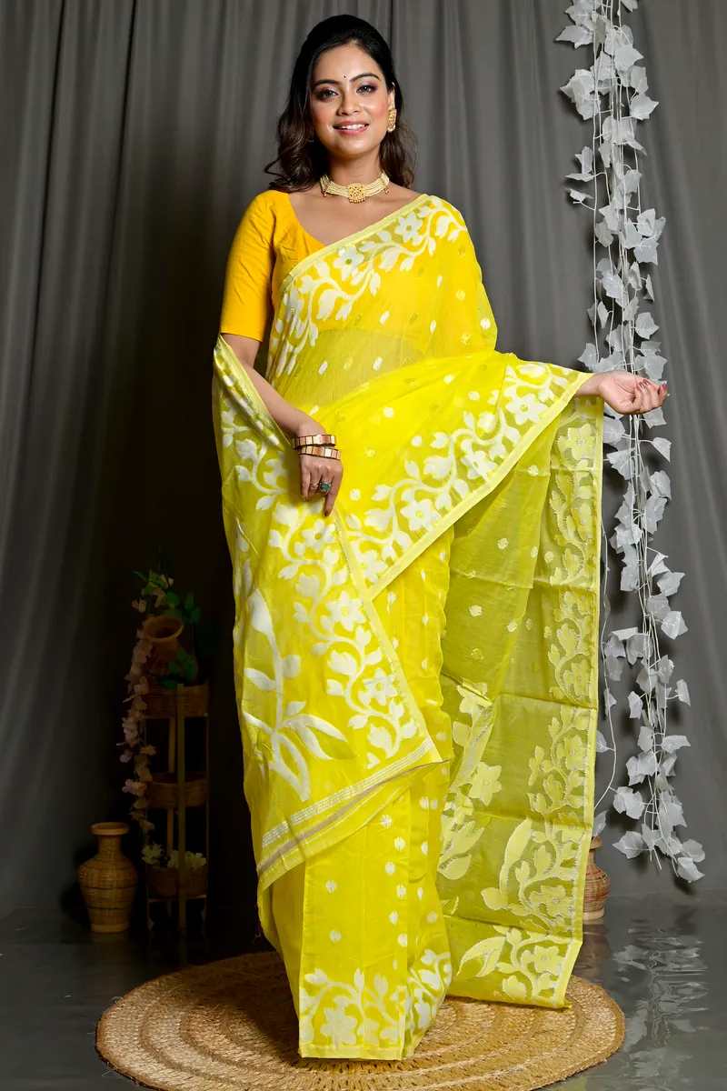 Yellow Cotton Blended Parinit Jamdani Saree (346)