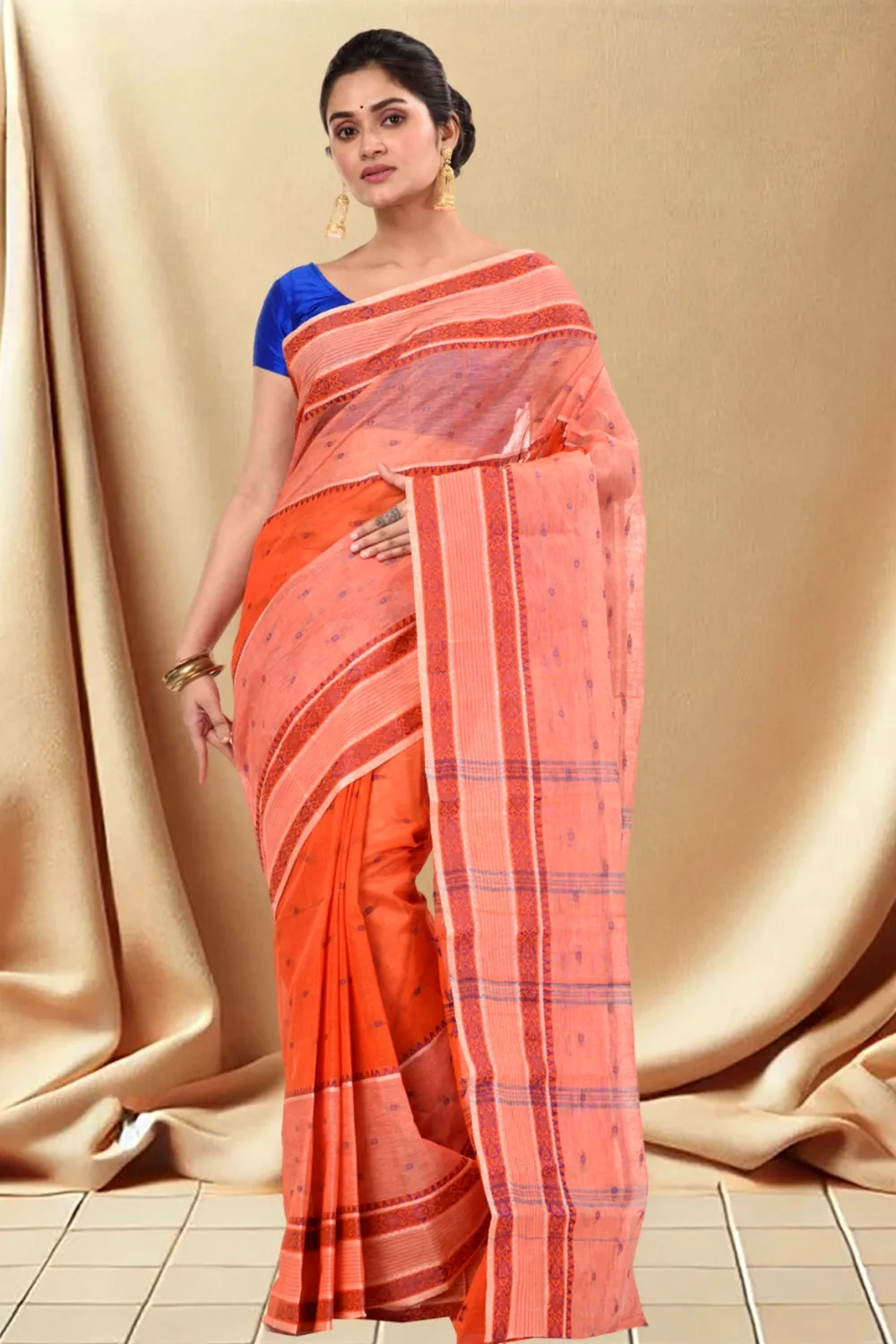 Orange Pure Cotton Debdash Tant Saree (347)