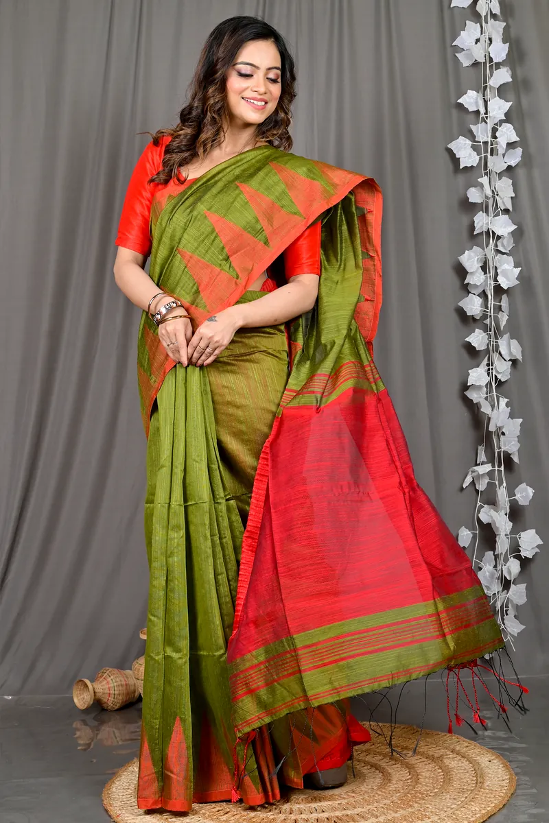Dark Green Cotton Blended Pariva Hand Loom Saree (349)