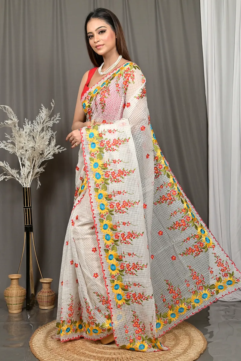 Off White Cotton Kotambo Mix Kota Embroidery Saree  (35)