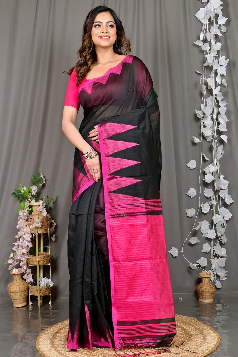 Black Cotton Blended Pariva Hand Loom Saree (350)
