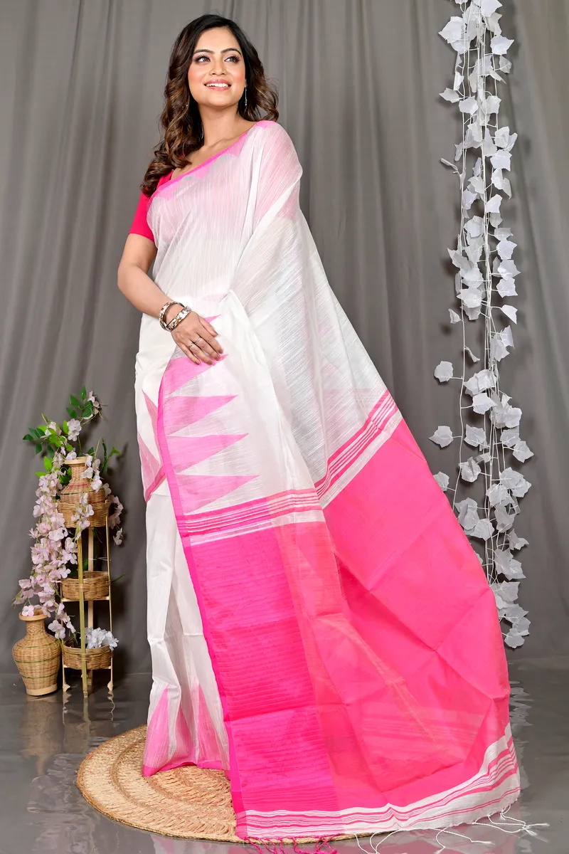 White Cotton Blended Pariva Hand Loom Saree (351)