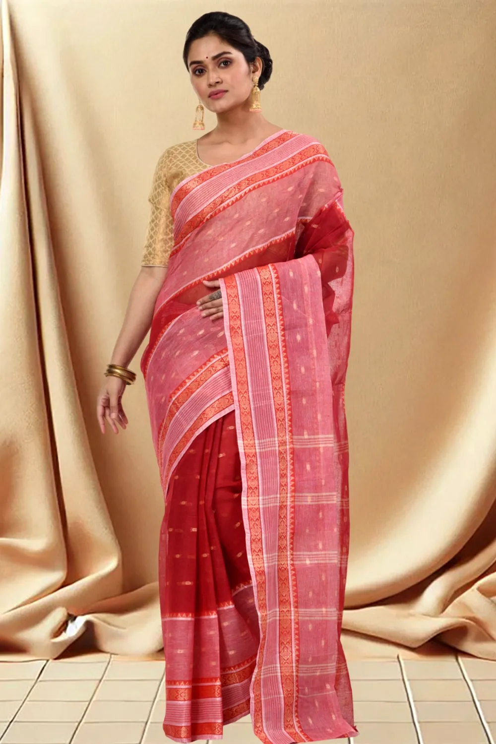 Red Pure Cotton Debdash Tant Saree (353)