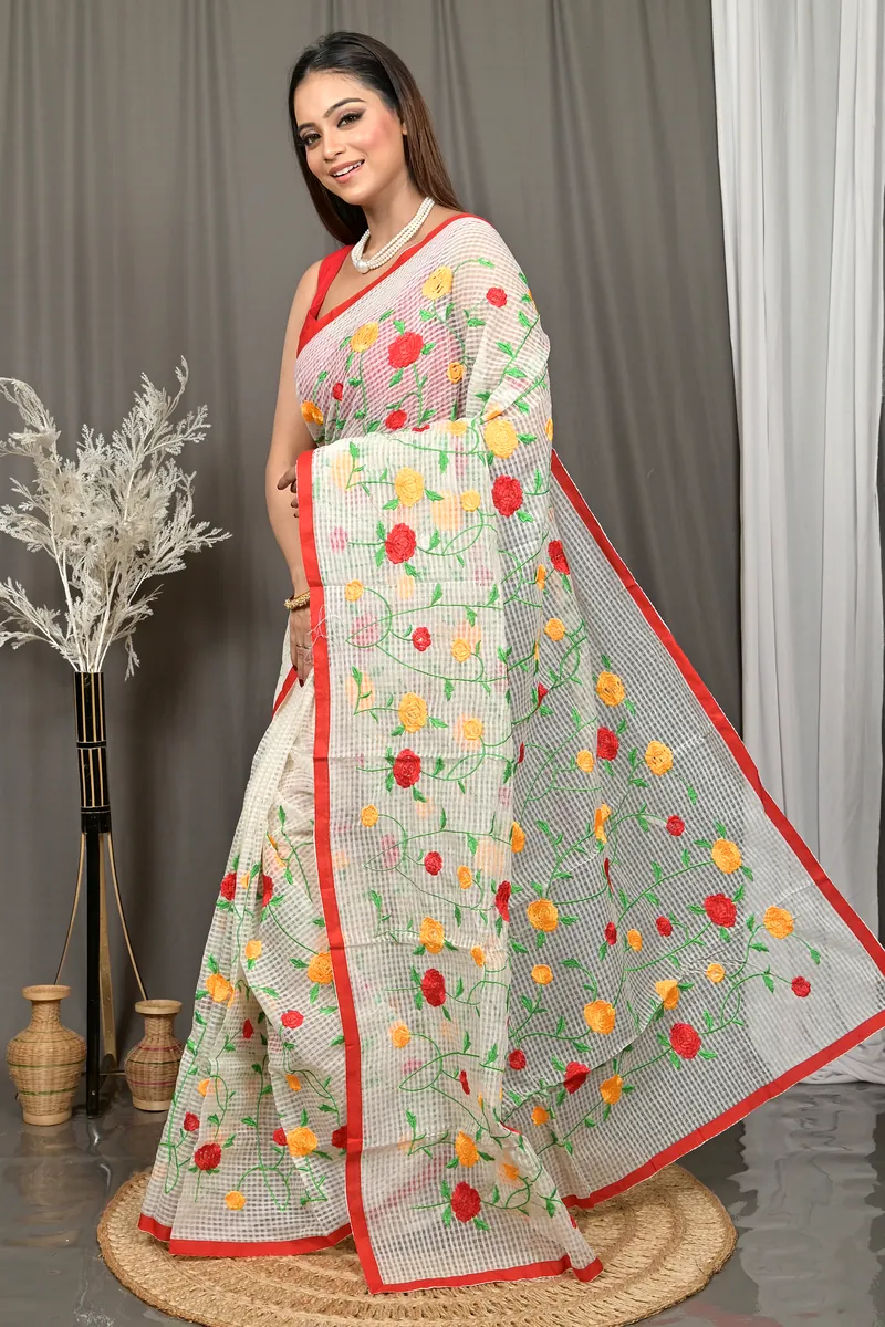 Off-White Cotton Kotambo Mix Kota Embroidery Saree  (36)