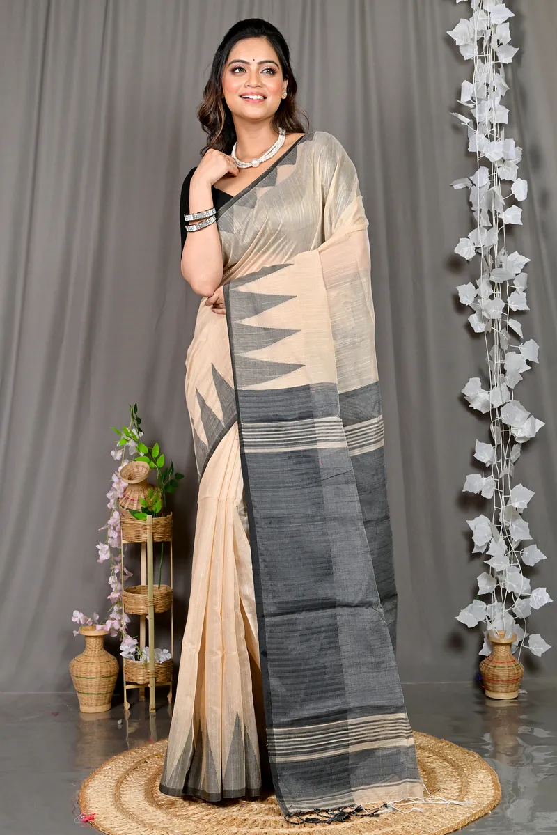 Cream Cotton Blended Pariva Hand Loom Saree (361)