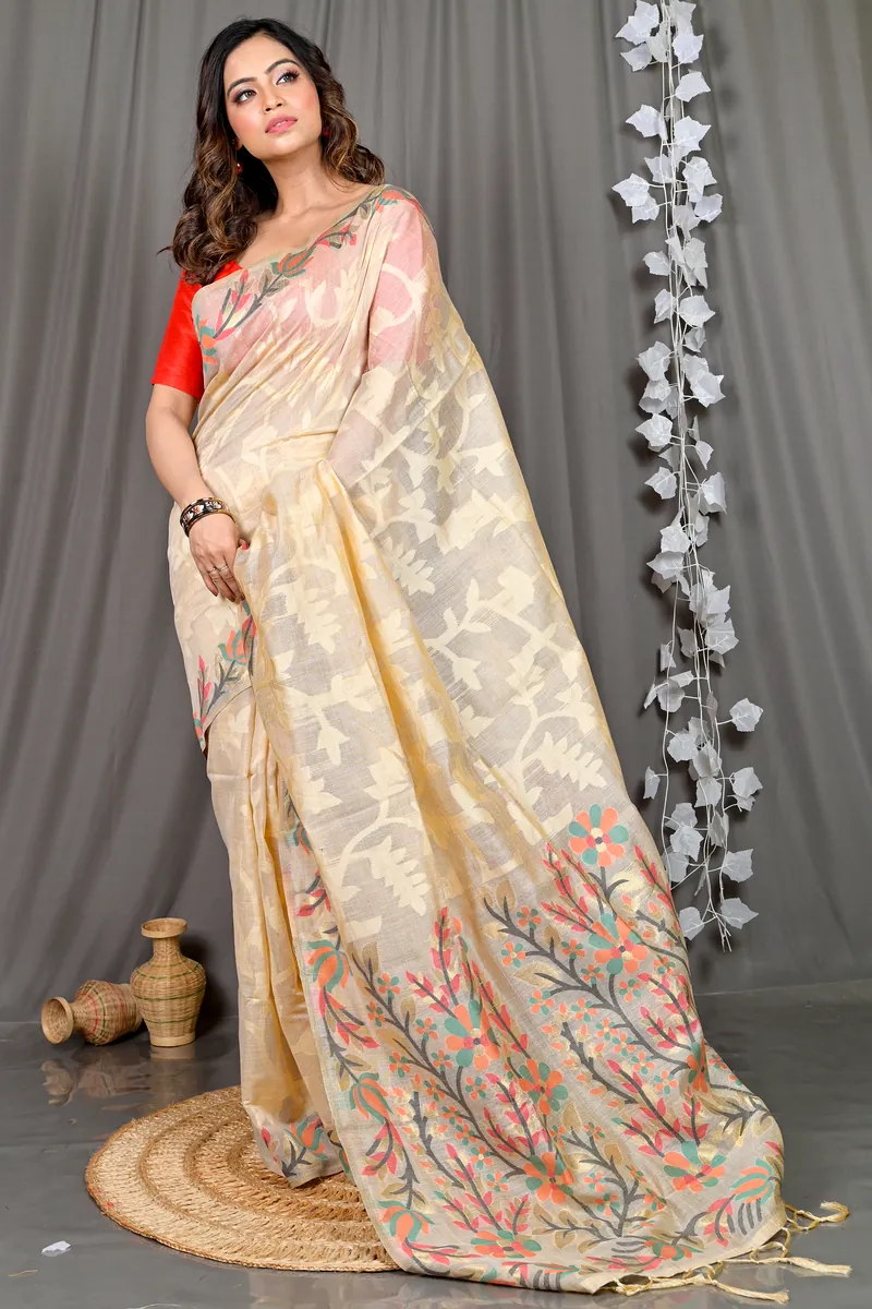 Cream Cotton Silk Parmix Hand Loom Saree (364)