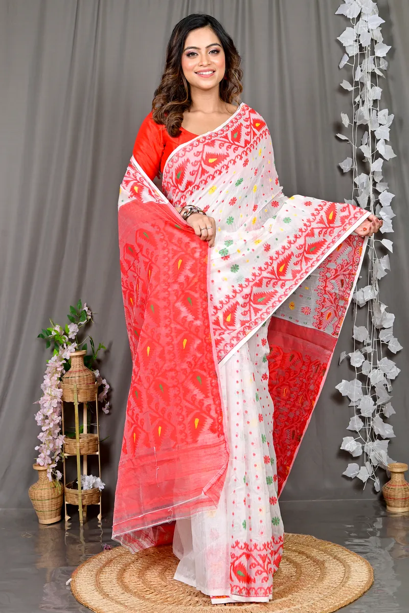 White Red Cotton Silk Parmix Hand Loom Saree (365)