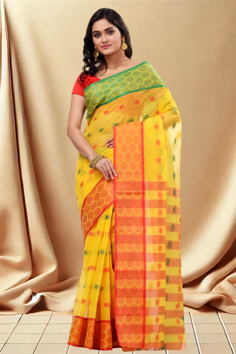 Yellow Pure Cotton Ganga Jamuna Tant Saree (366)