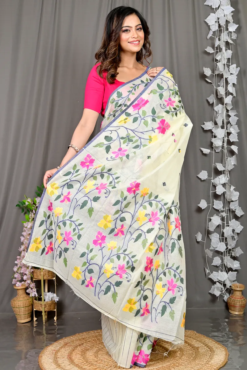 White Cotton Silk Parmix Hand Loom Saree (367)