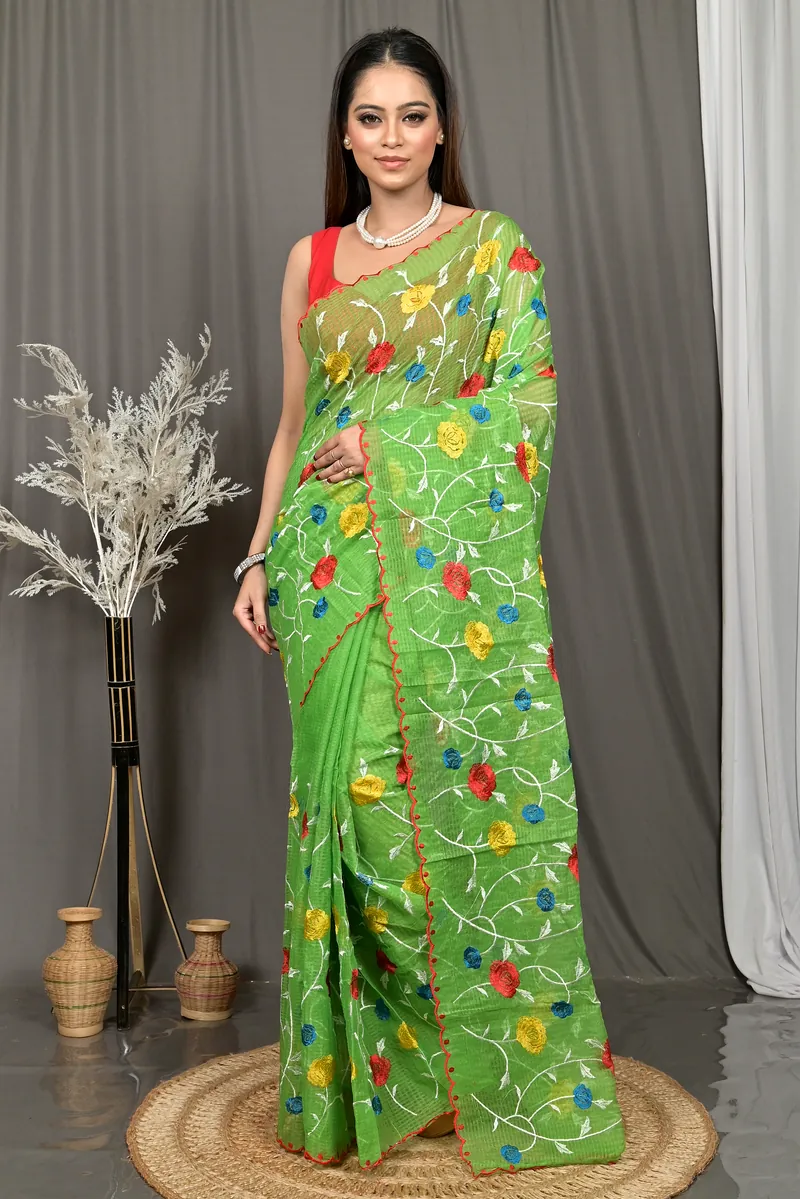 Green Cotton Kotambo Mix Kota Embroidery Saree  (37)