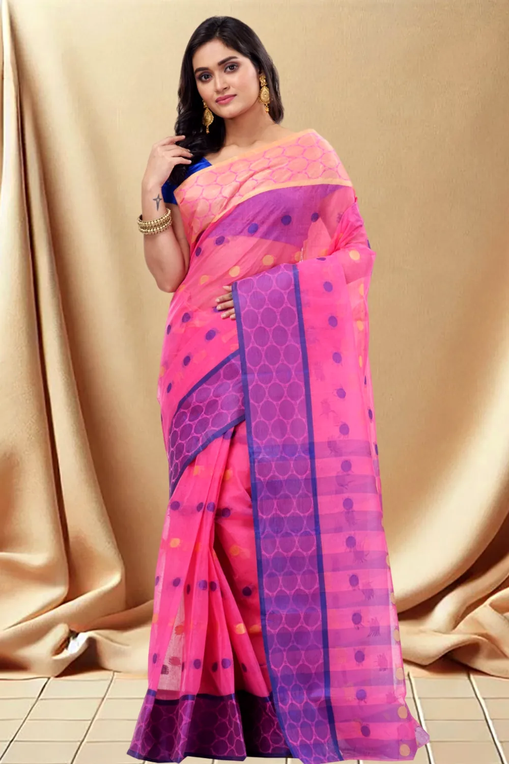 Pink Pure Cotton Ganga Jamuna Tant Saree (371)