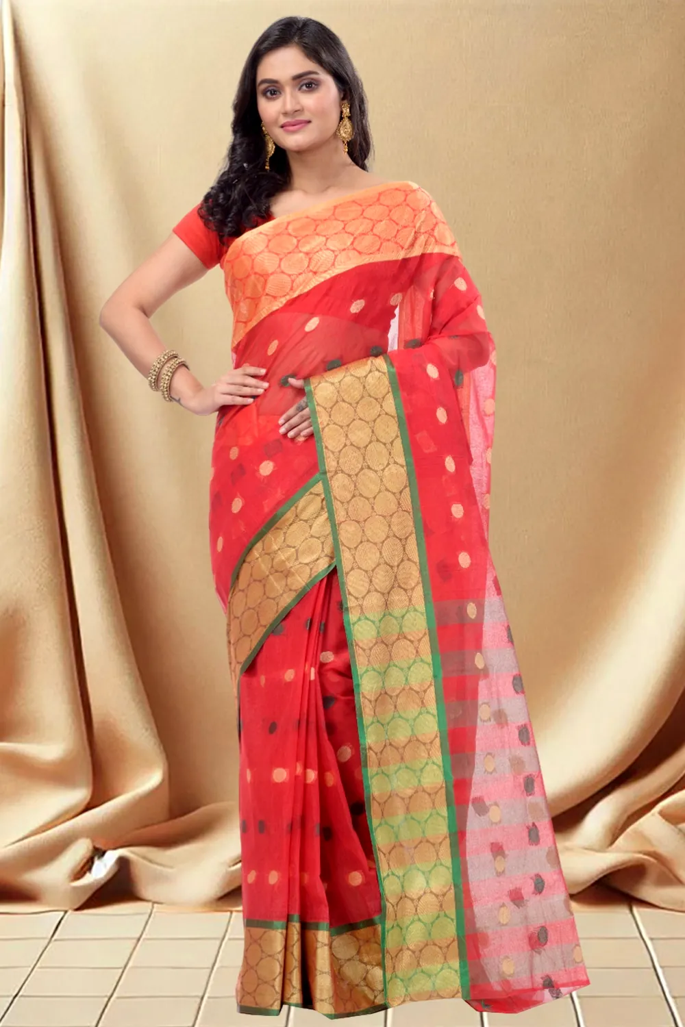Red Pure Cotton Ganga Jamuna Tant Saree (372)