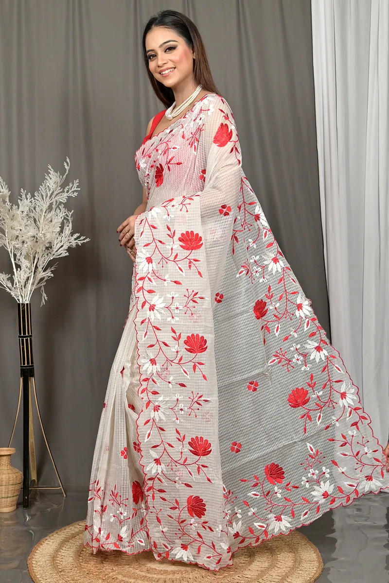 White Cotton Kotambo Mix Kota Embroidery Saree  (38)