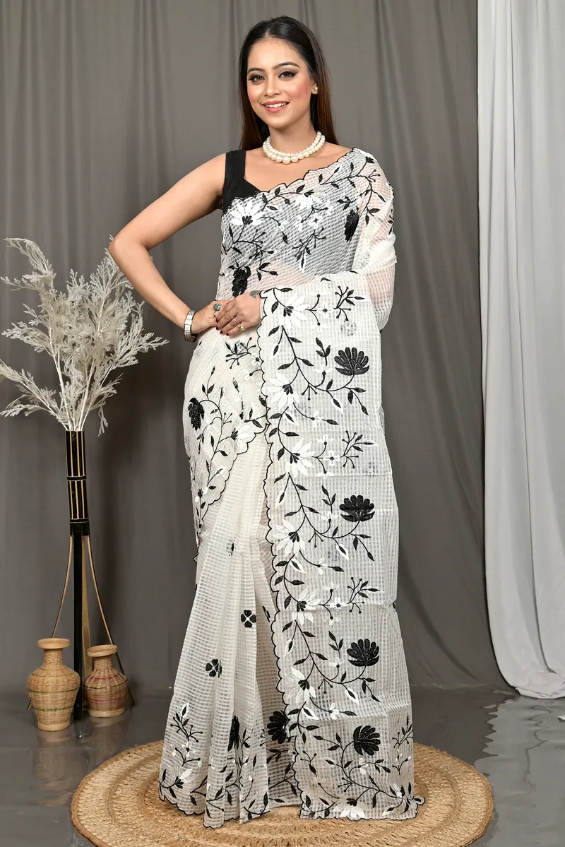 White Cotton Kotambo Mix Kota Embroidery Saree  (39)