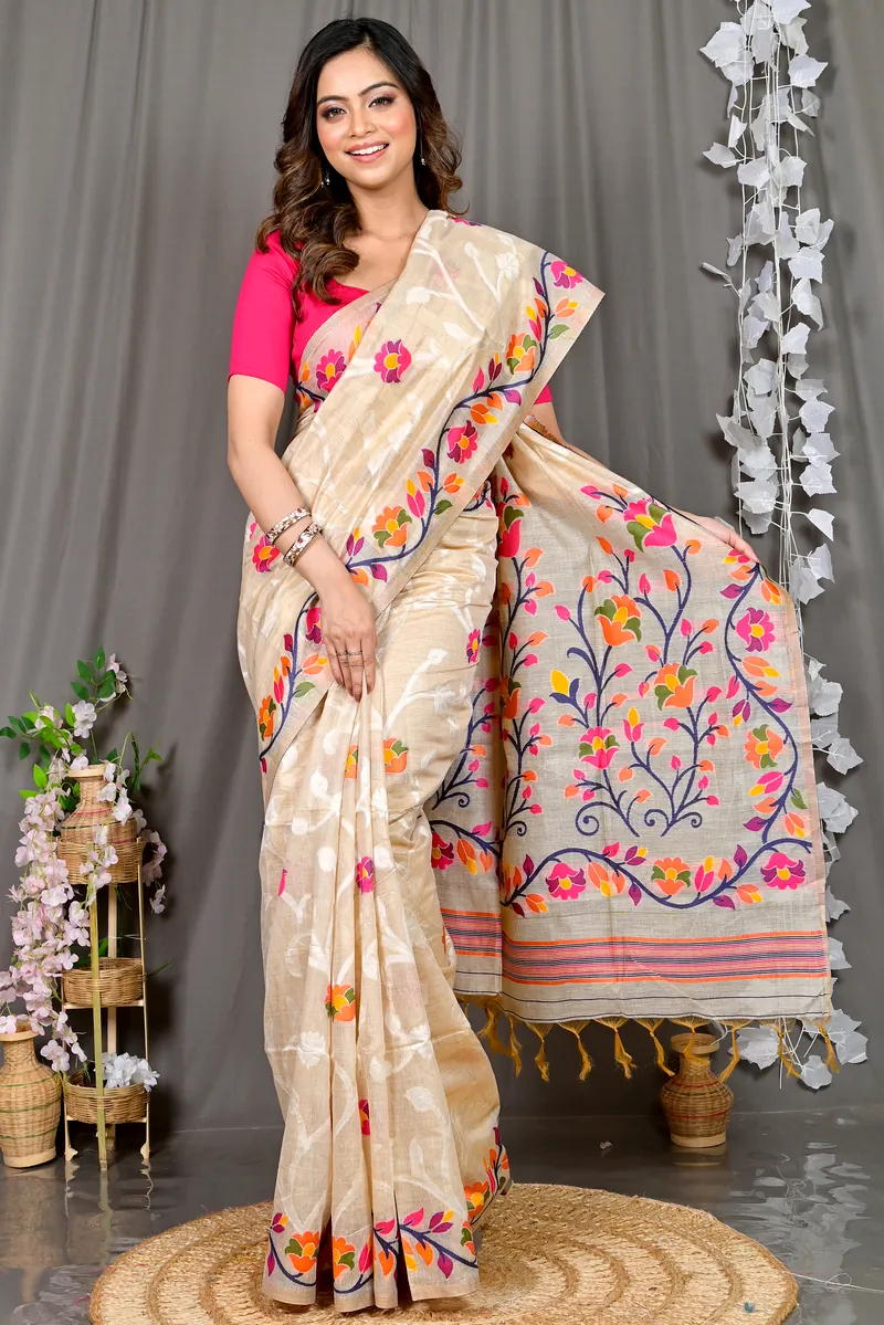 Cream Cotton Silk Parmix Hand Loom Saree (392)