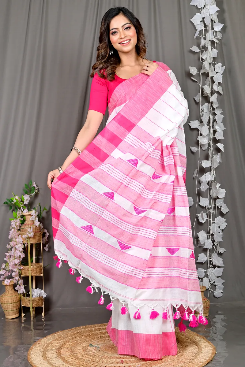 White Pink Cotton Blended Parnika Hand Loom Saree (394)
