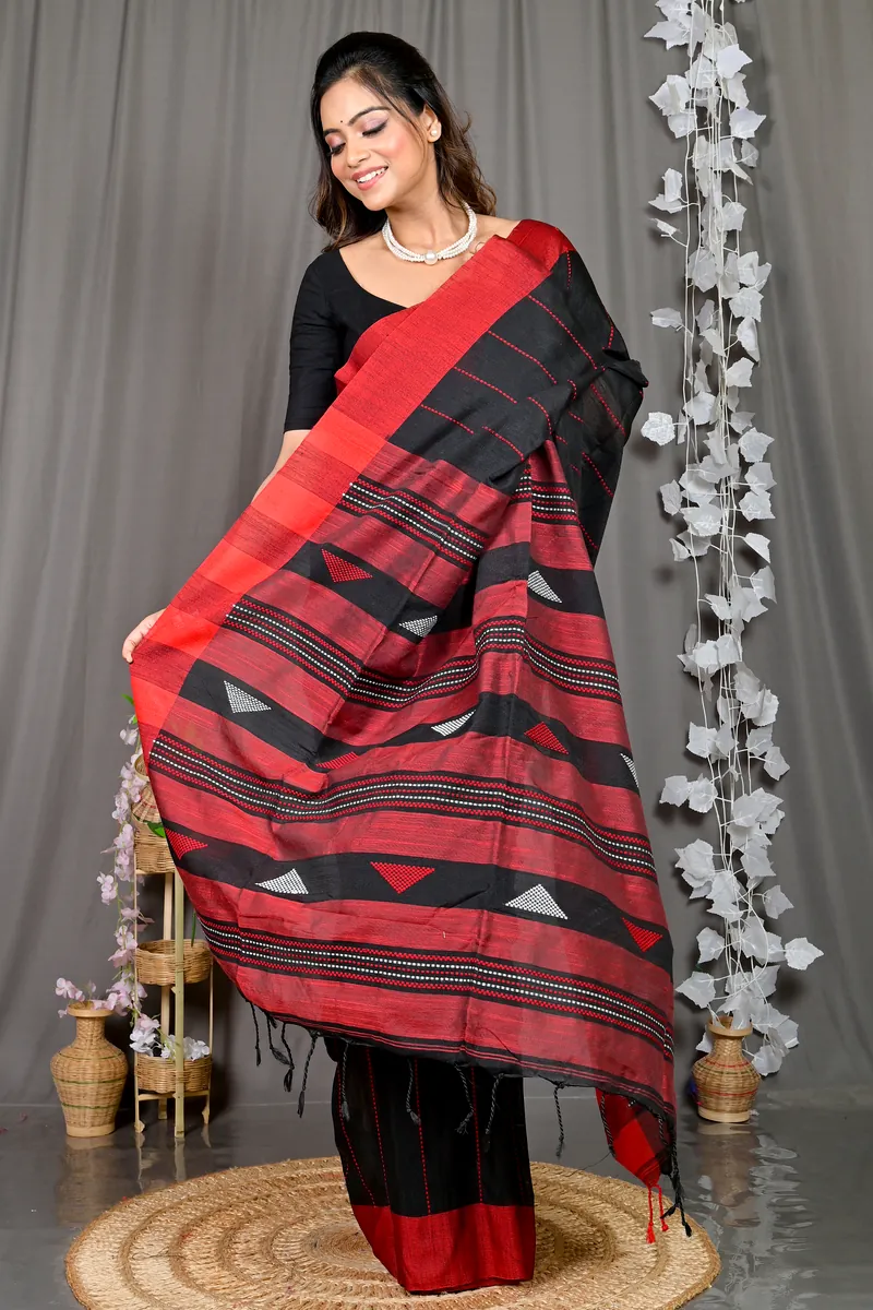 Black Cotton Blended Parnika Hand Loom Saree (396)