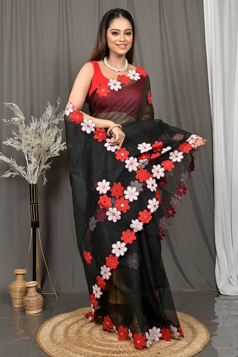 Black Red Cotton Kotaplik Mix Kota Applique Saree  (40)
