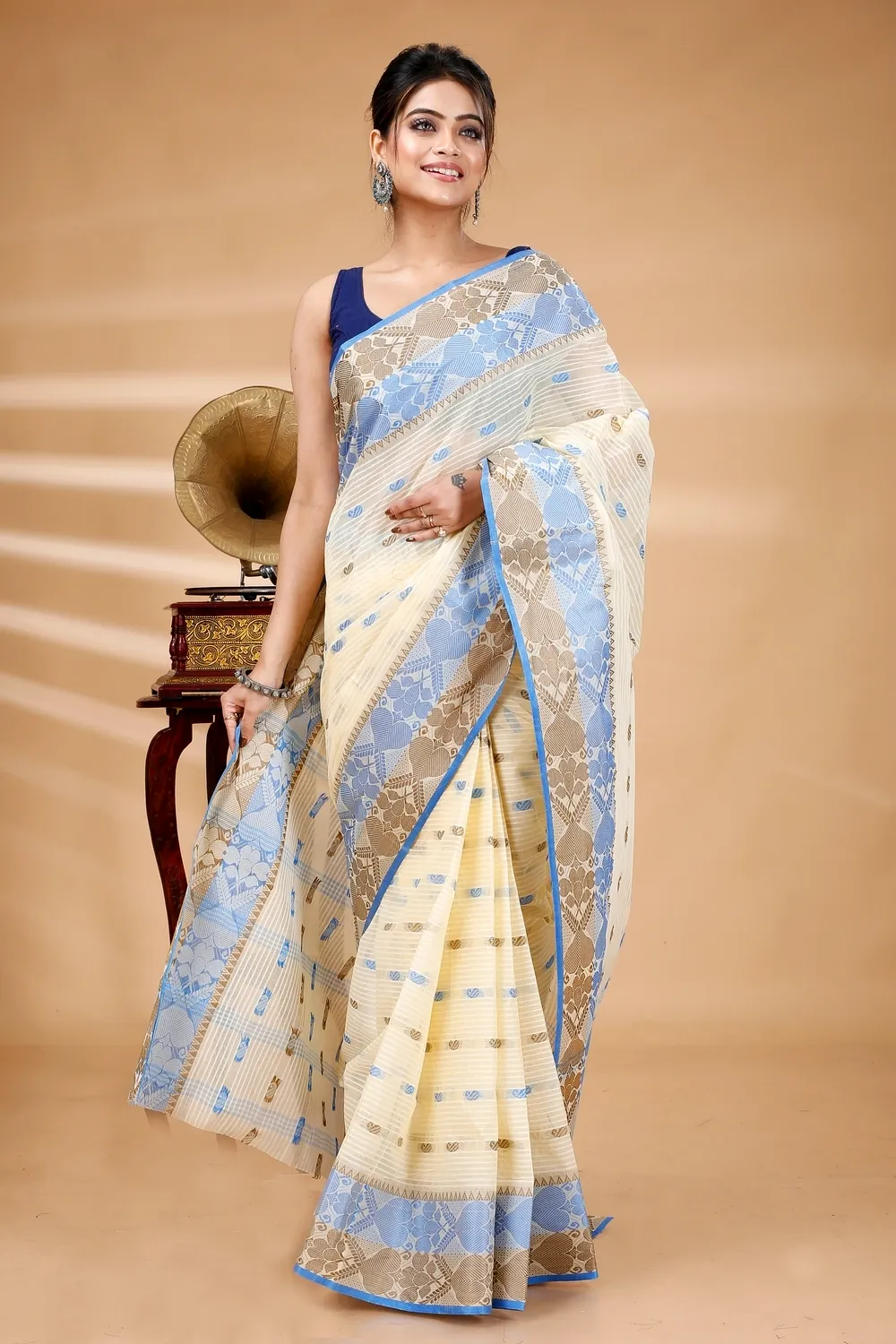 Blue Brown Pure Cotton Aged_Women Tant Saree (401)