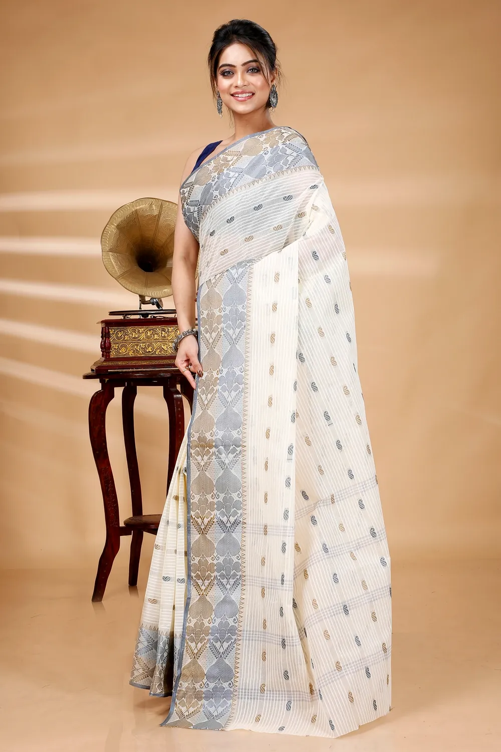 Black Brown Pure Cotton Aged_Women Tant Saree (402)