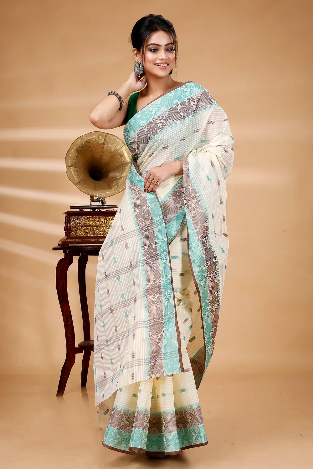 Green Brown Pure Cotton Aged_Women Tant Saree (405)