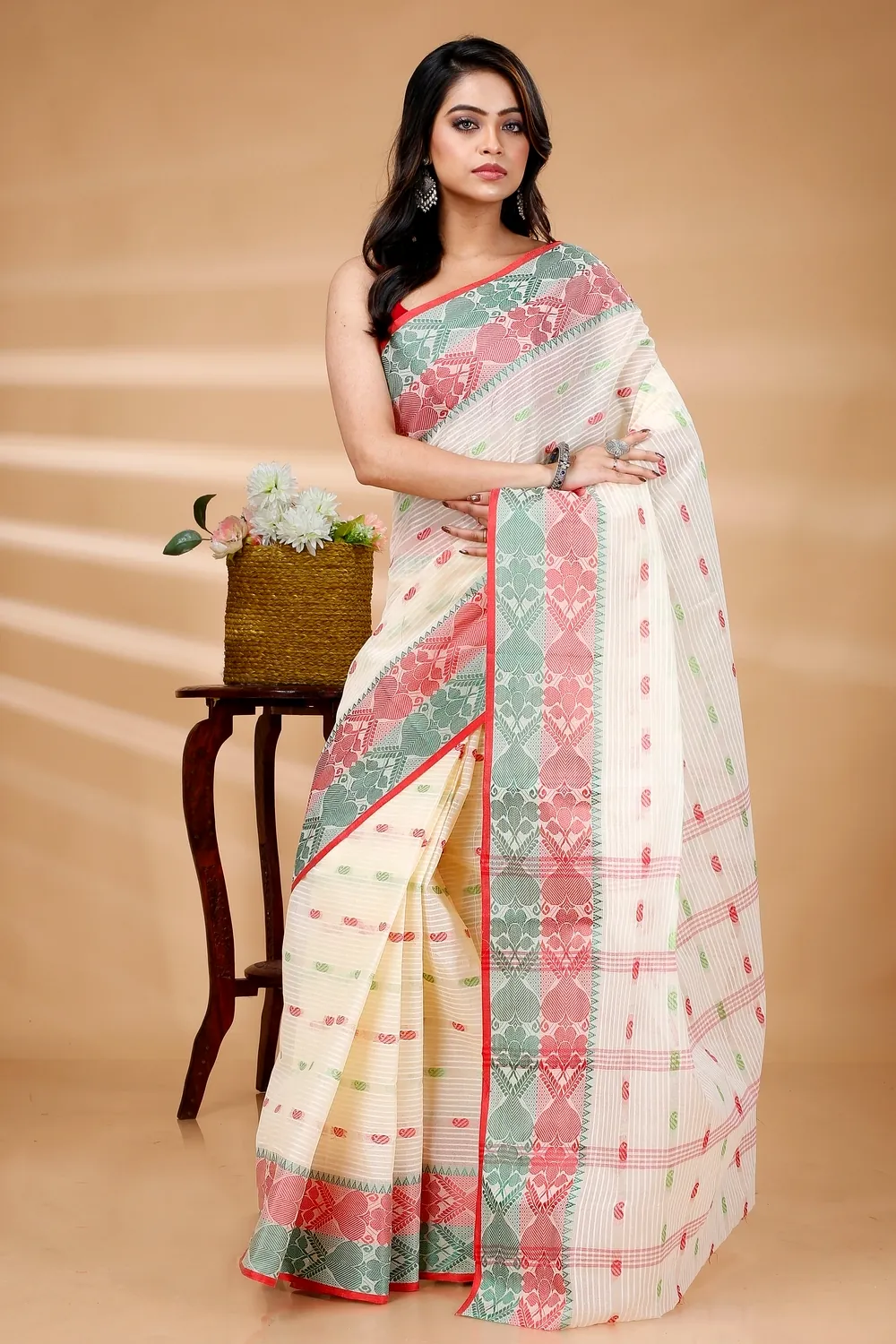 Red Green Pure Cotton Aged_Women Tant Saree (407)