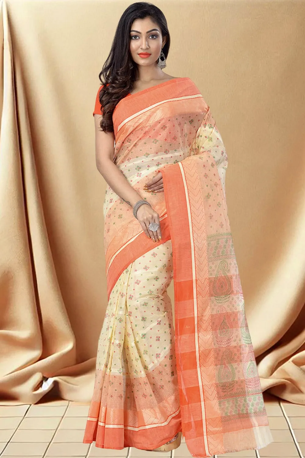 Orange Pure Cotton ANARKOLI PRINT Tant Saree Print (4074)