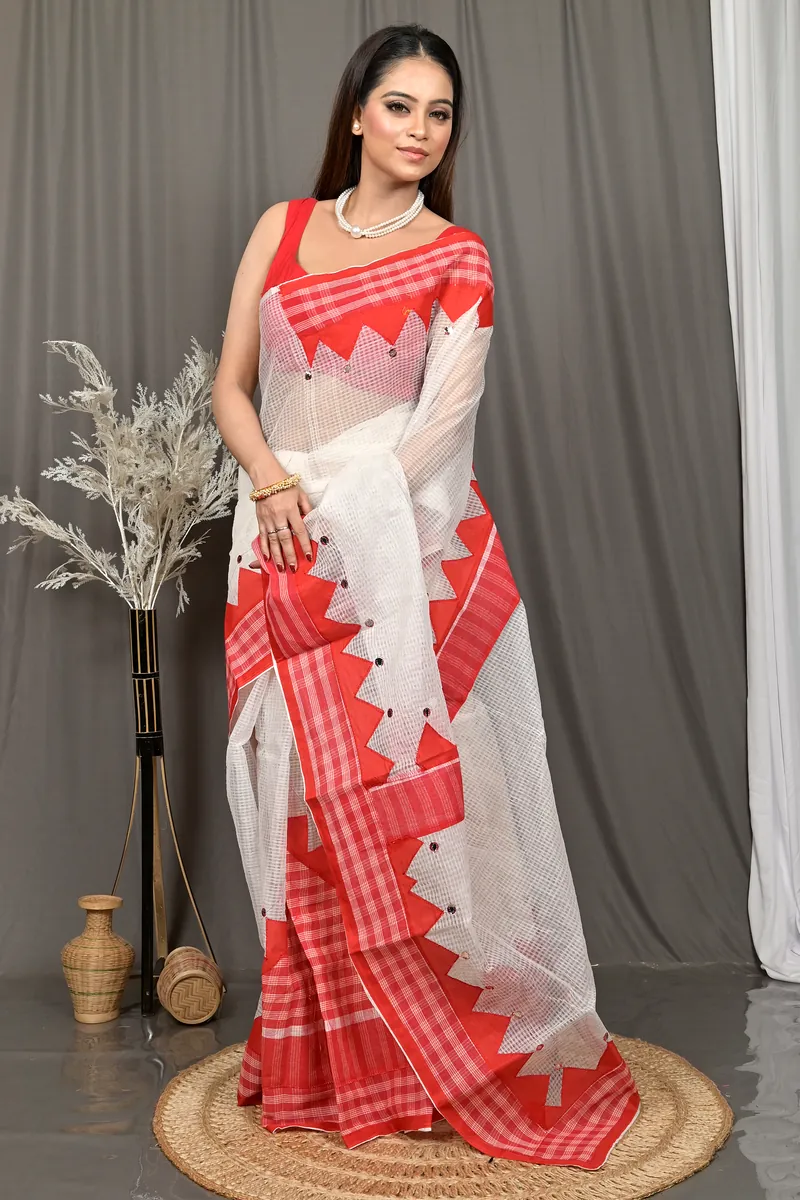White Red Cotton Kotaplik Mix Kota Applique Saree  (41)