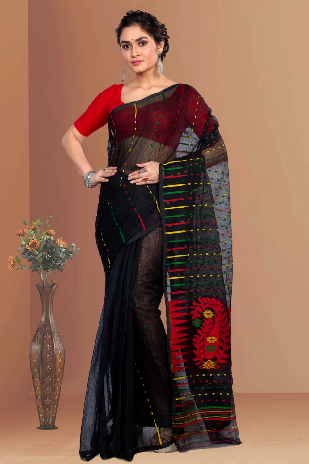 Black Blended Cotton New HALF  JAMDINE Jamdani Saree (4110)
