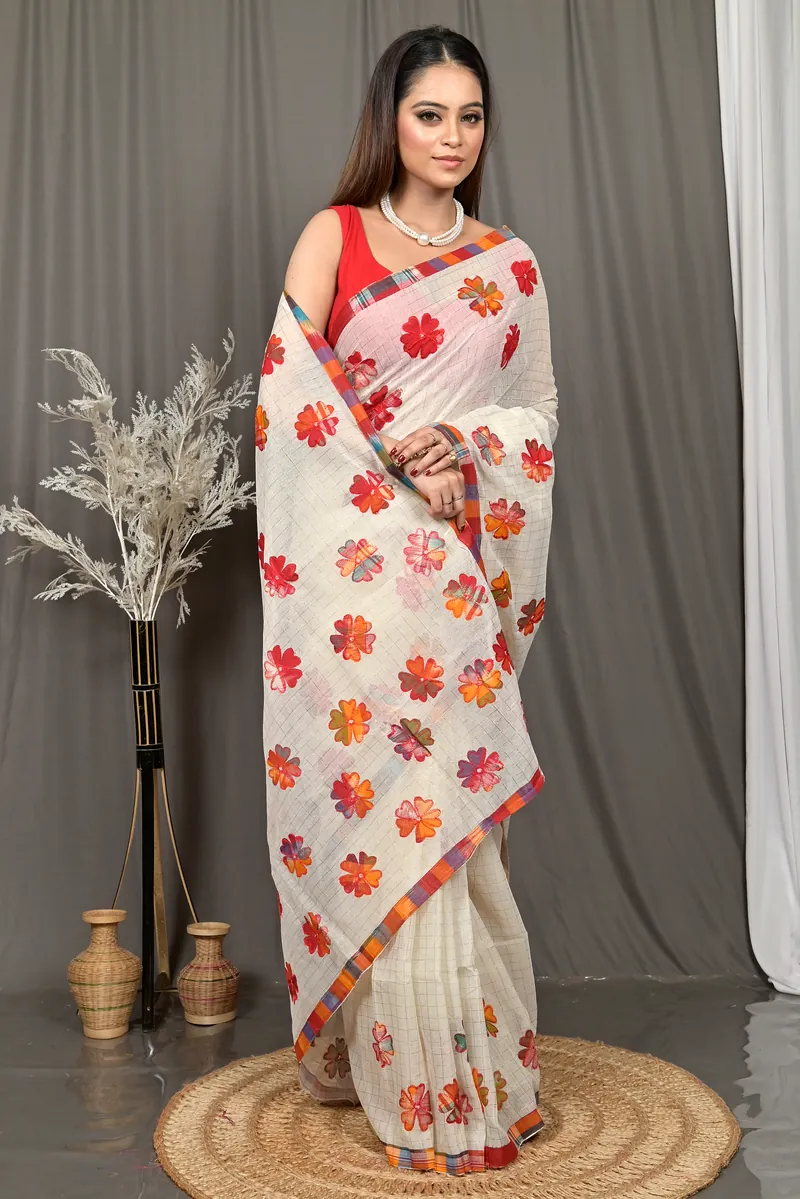 White Cotton Kotaplik Mix Kota Applique Saree  (42)