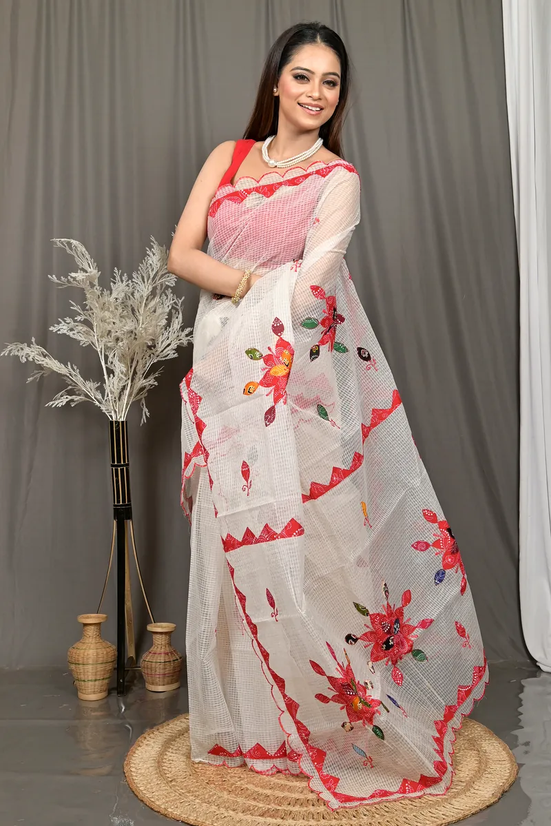 White Cotton Kotaplik Mix Kota Applique Saree  (43)