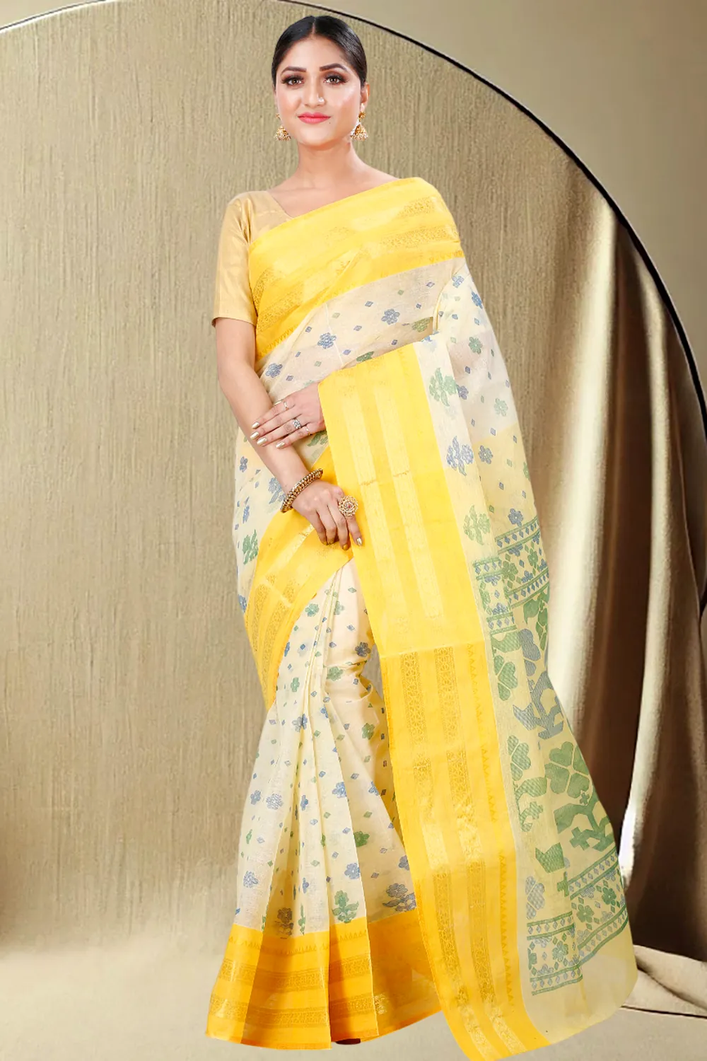 Yellow Pure Cotton FullBall Print Tant Saree Print (430)
