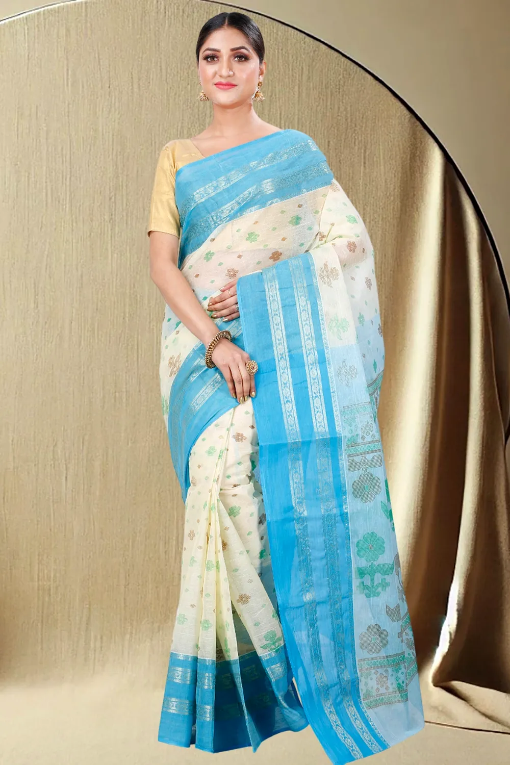 Sky Blue Pure Cotton FullBall Print Tant Saree Print (431)
