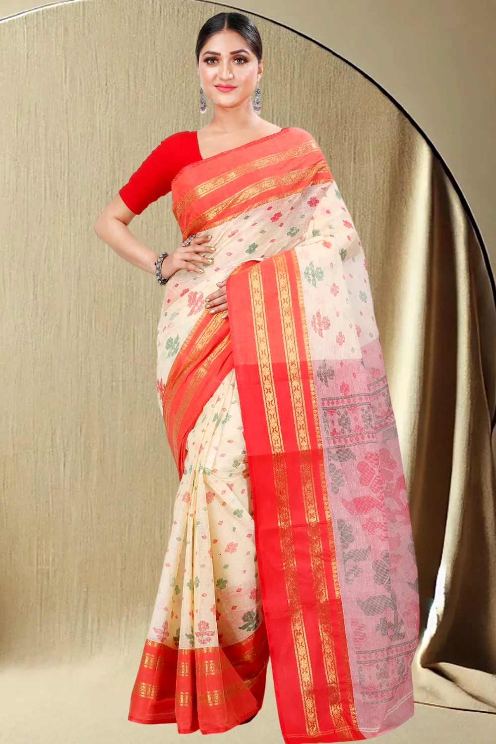 Red Pure Cotton FullBall Print Tant Saree Print (434)