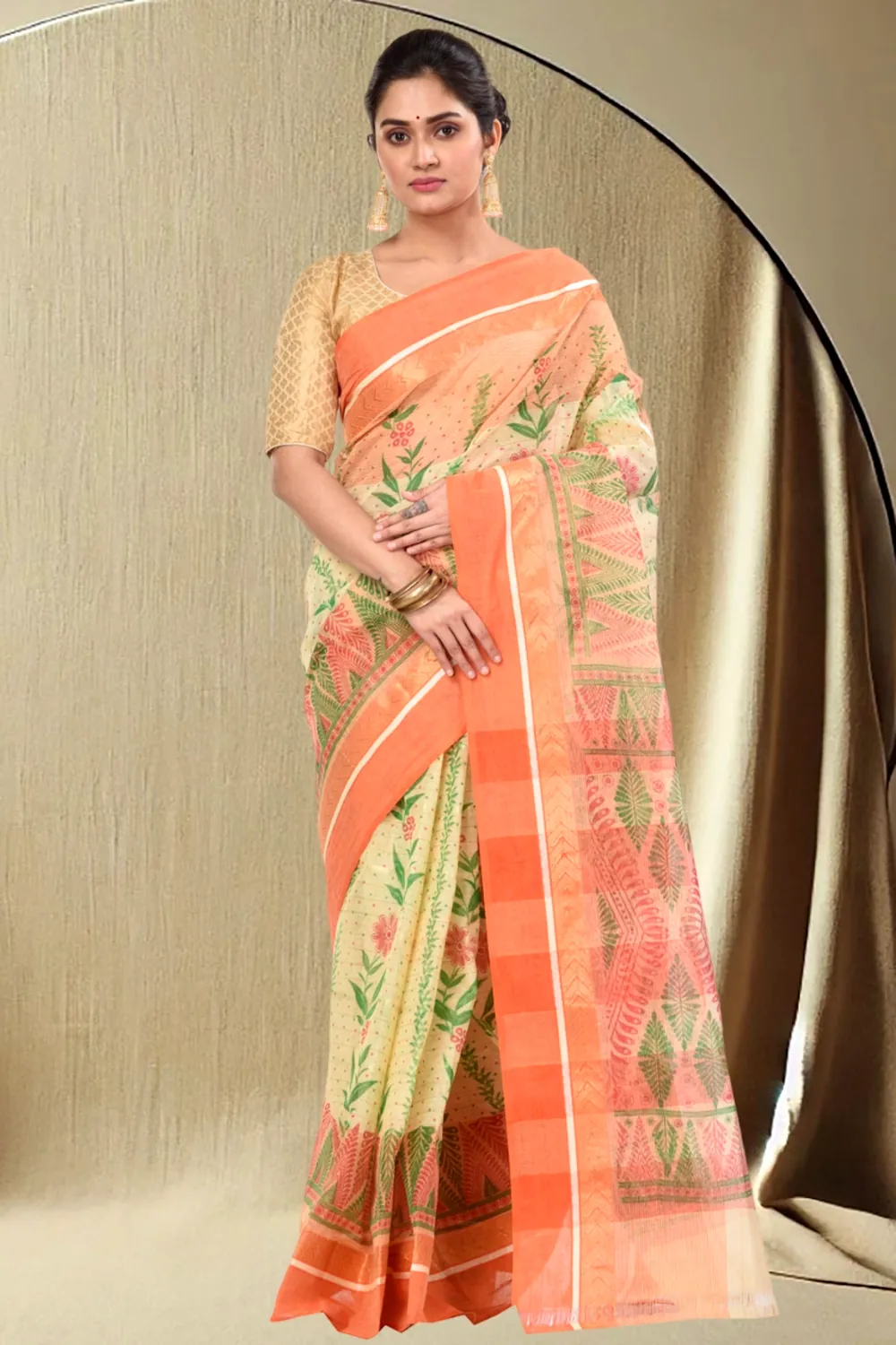 Orange Pure Cotton Lata Pata Tant Saree Print (436)