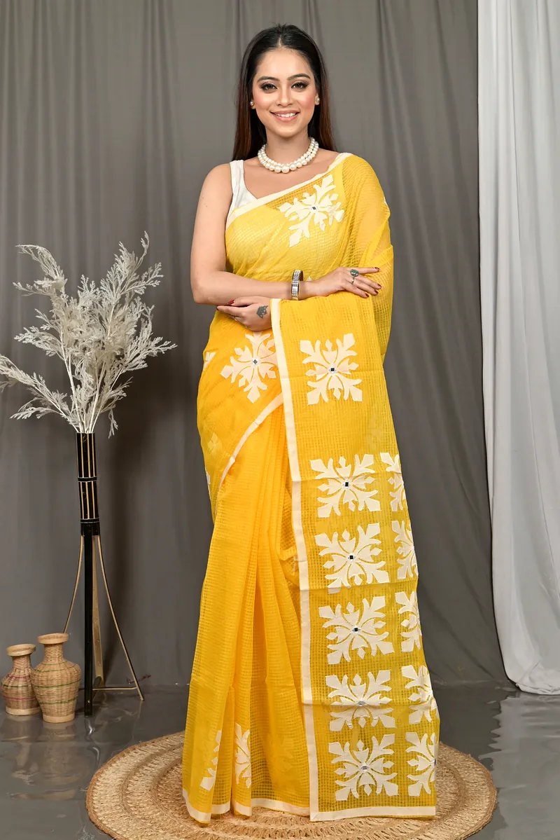 Yellow Cotton Kotaplik Mix Kota Applique Saree  (44)
