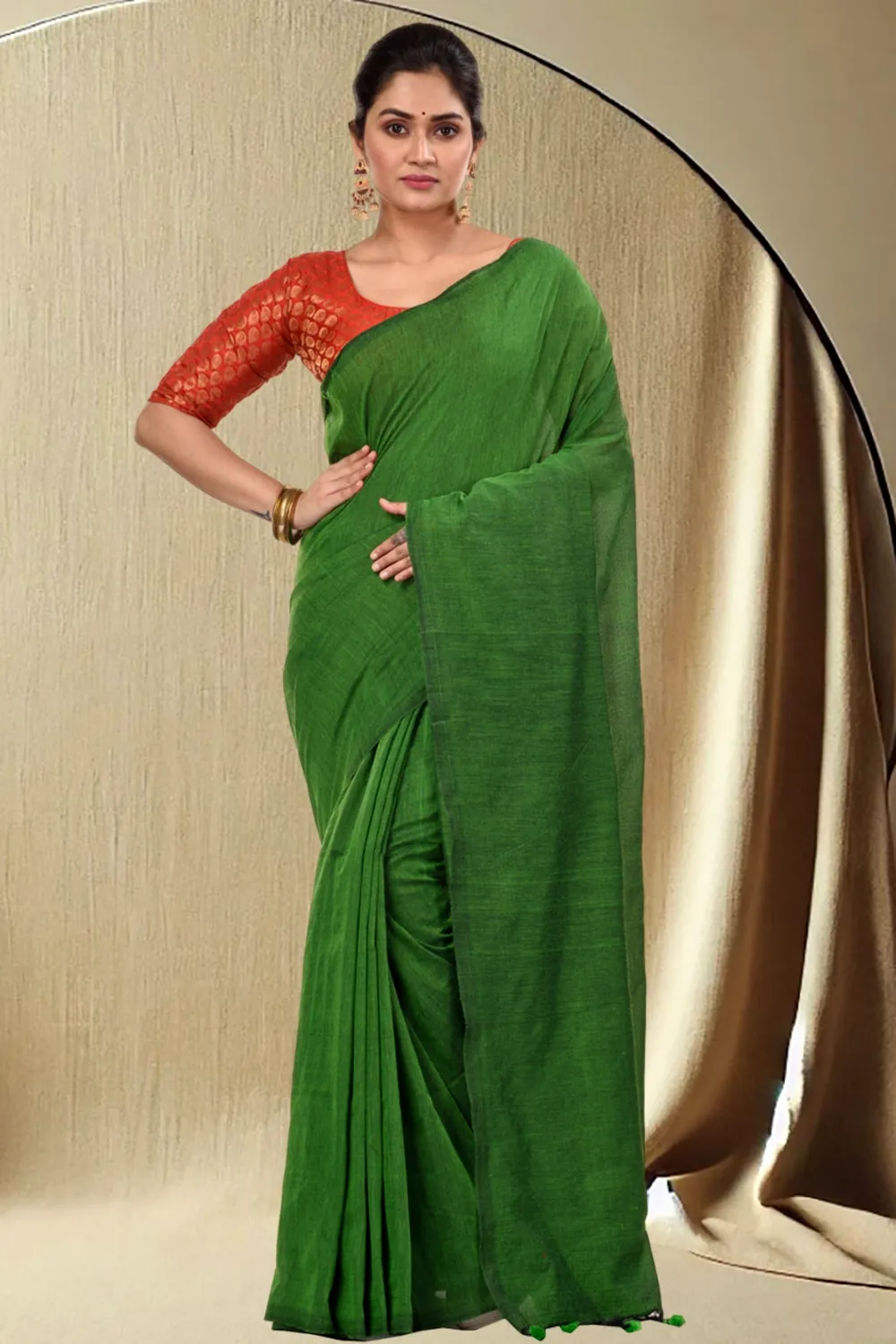 Green Pure Cotton ThanKhadi Hand Loom Saree (445)