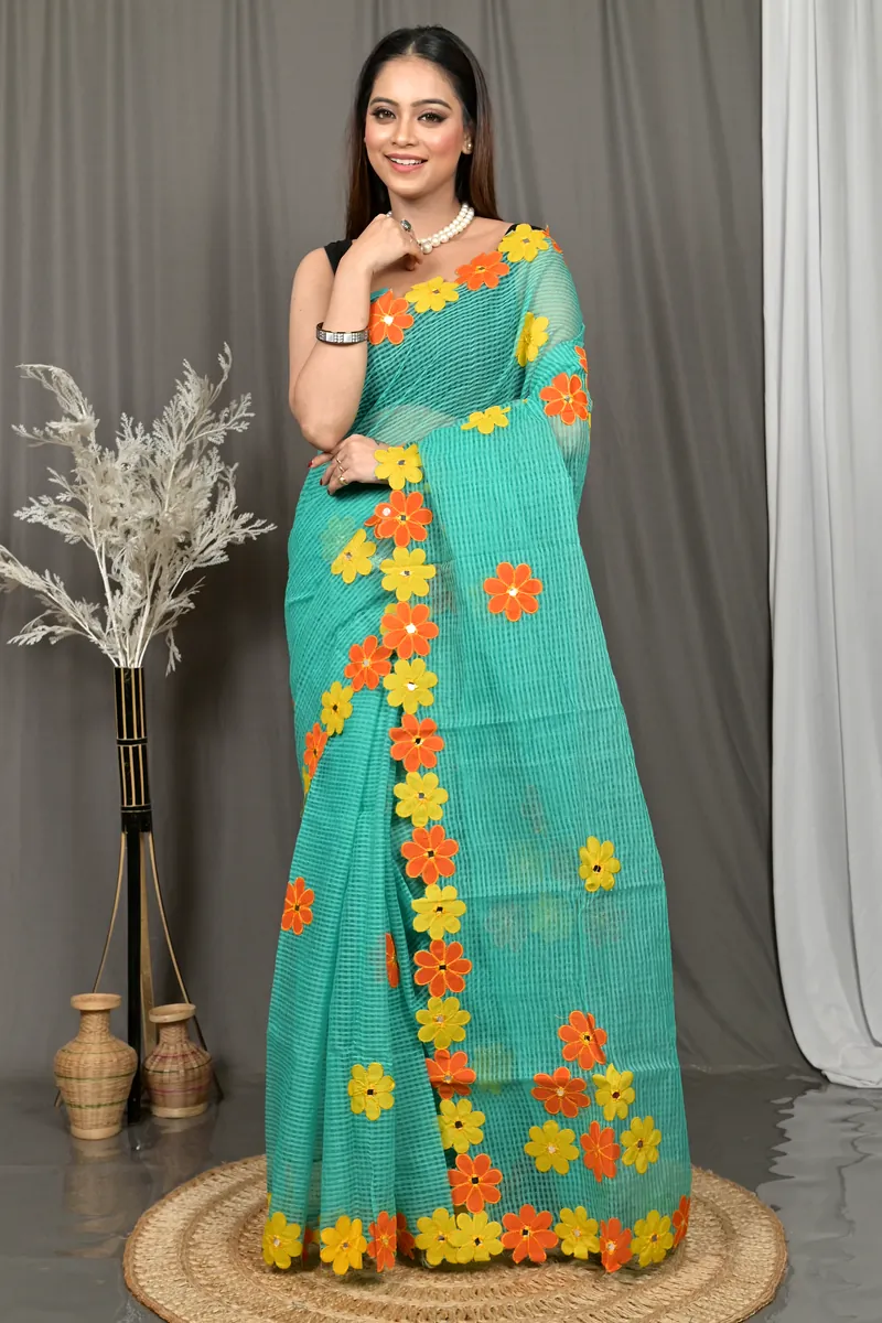 Green Cotton Kotaplik Mix Kota Applique Saree  (45)
