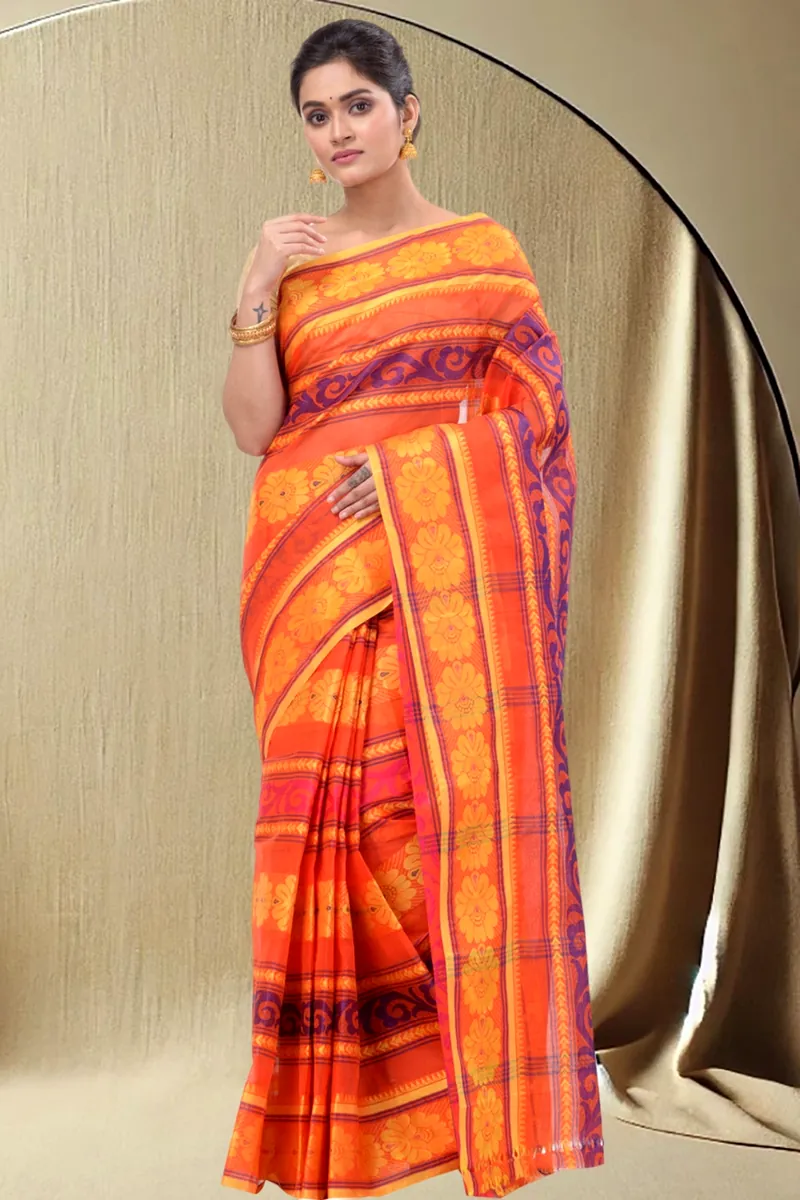 Orange Pure Cotton Aditi Desiging Tant Saree (456)