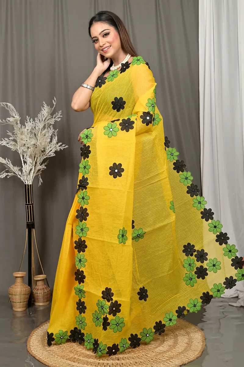 Yellow Cotton Kotaplik Mix Kota Applique Saree  (46)