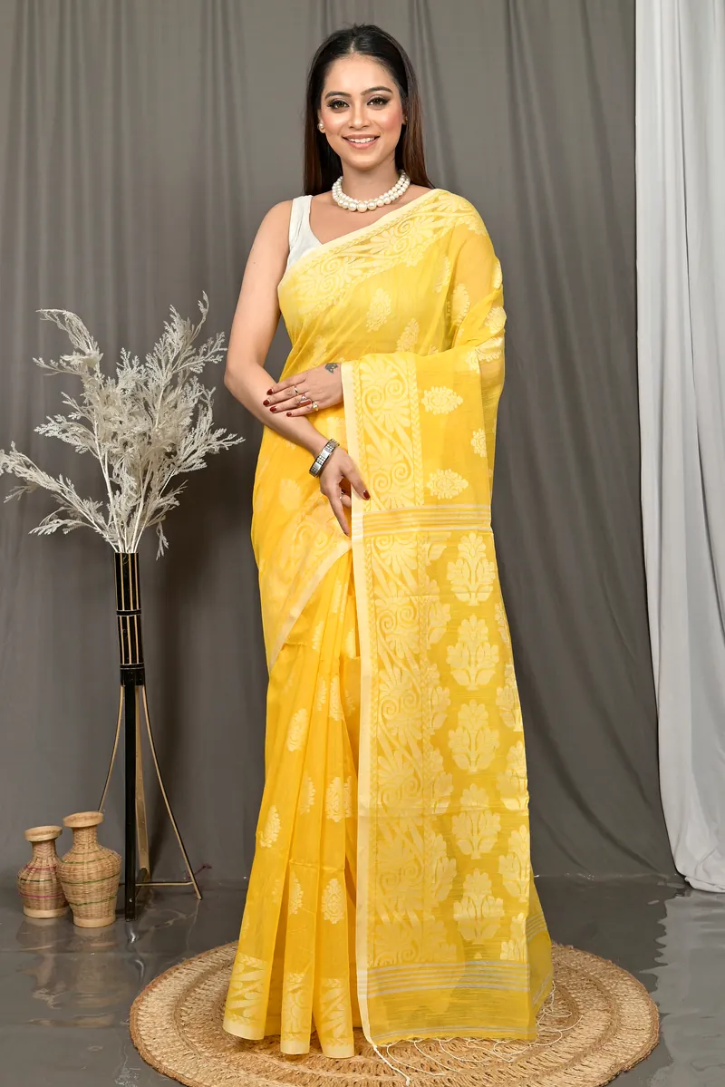 Yellow Cotton Parbit Handloom Saree  (48)