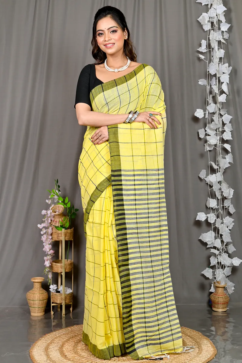 Yellow Cotton Blended Parodhi Hand Loom Saree (482)
