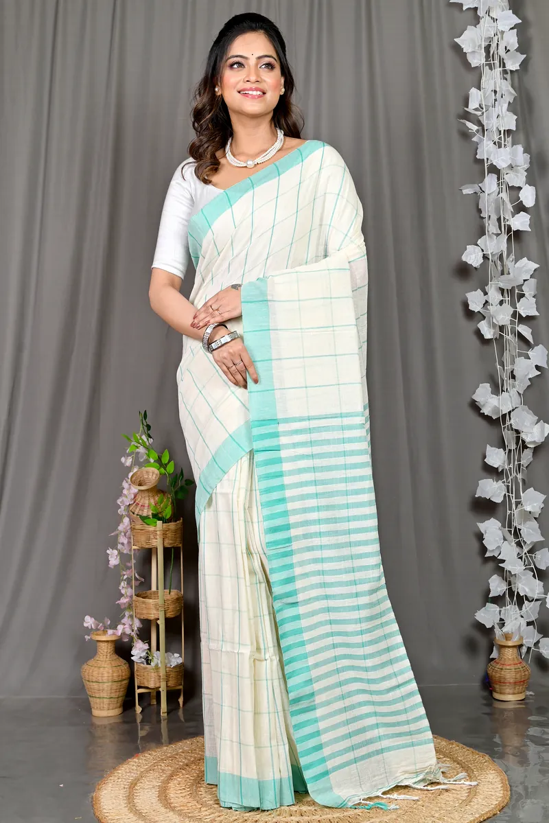 White Cotton Blended Parodhi Hand Loom Saree (484)